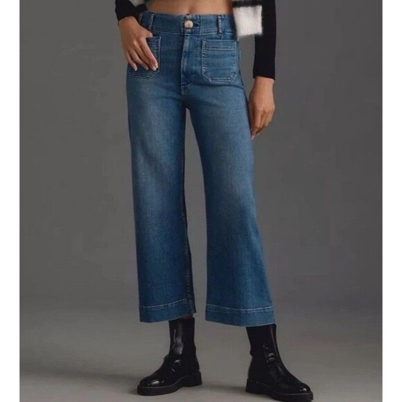 Anthropologie Maeve The Colette Jeans Womens 30 Crop Wide Leg Blue Denim Stretch - Picture 1 of 9